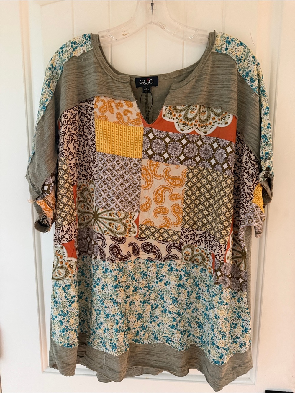 GiGio USA Boutique Sage Floral Mixed Print Boho Patchwork Short Sleeve Top